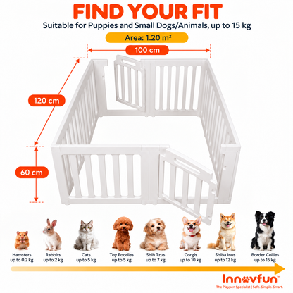 Innovfun Classic white double-door puppy playpen, 120 × 100 × 60 cm, showing opposite entrance doors, 1.20 m² floor area and pet size guide.