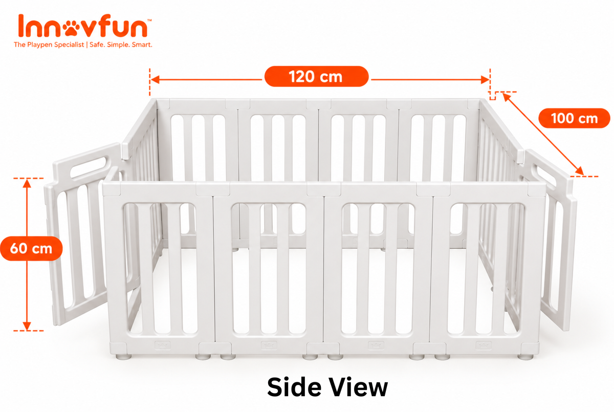 Innovfun white double-door indoor puppy playpen measuring 100 x 120 x 60 cm, showing two access doors, 4 cm bar spacing and product dimensions.