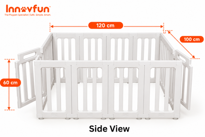 Innovfun white double-door indoor puppy playpen measuring 100 x 120 x 60 cm, showing two access doors, 4 cm bar spacing and product dimensions.
