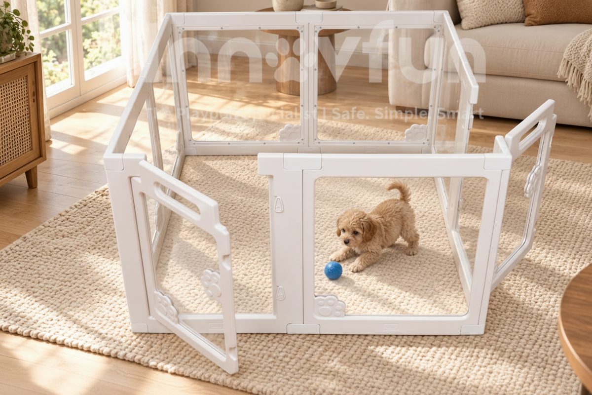 Modular, expandable and designed for play, settling and early puppy routines.