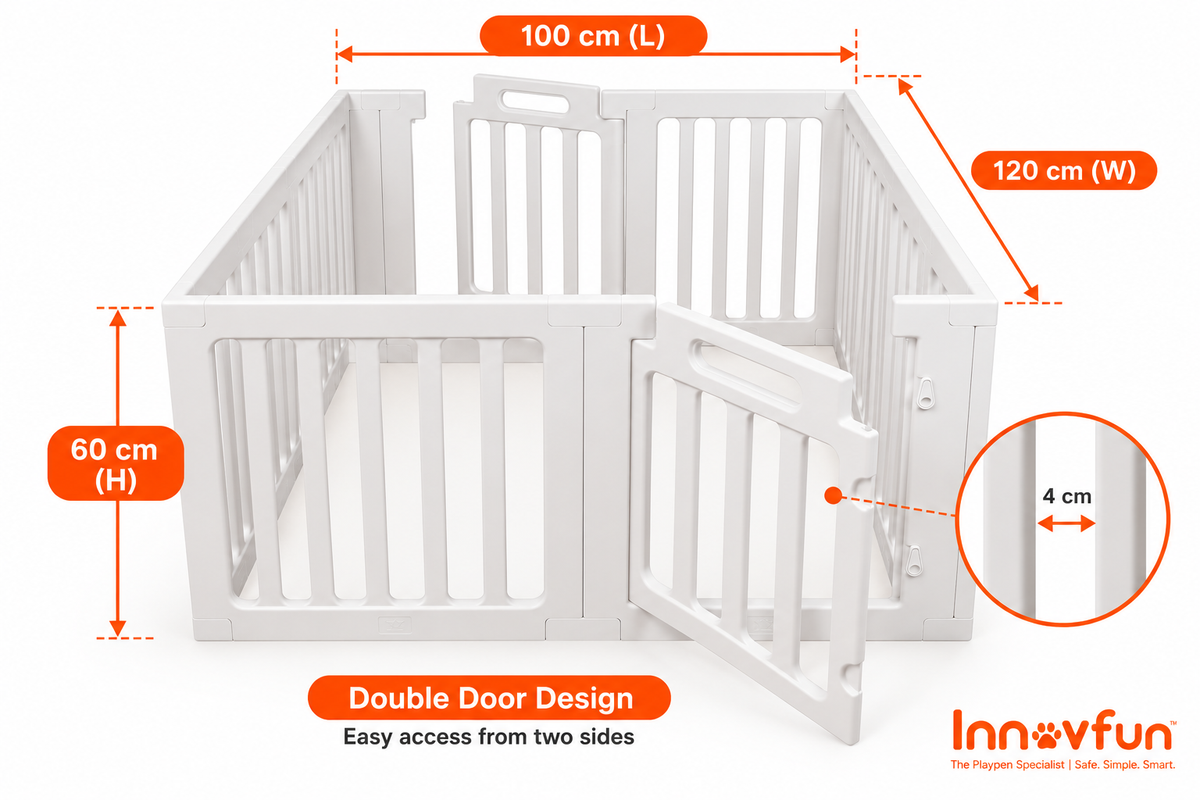 Innovfun white double-door indoor puppy playpen measuring 100 x 120 x 60 cm, showing two access doors, 4 cm bar spacing and product dimensions.