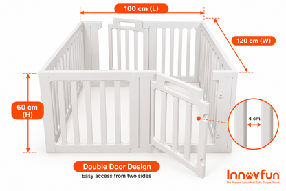 Innovfun white double-door indoor puppy playpen measuring 100 x 120 x 60 cm, showing two access doors, 4 cm bar spacing and product dimensions.