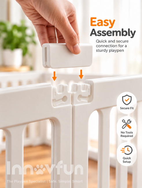  easy assembly puppy playpen, tool-free puppy playpen, modular puppy playpen, puppy playpen connector, easy setup dog playpen, and indoor puppy playpen.
